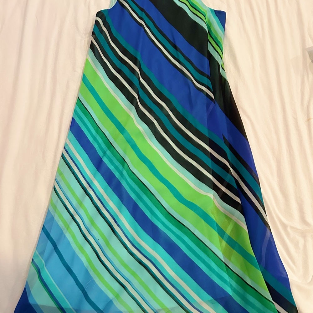 Calvin Klein Asymmetrical Skirt in Blue and Green Stripes